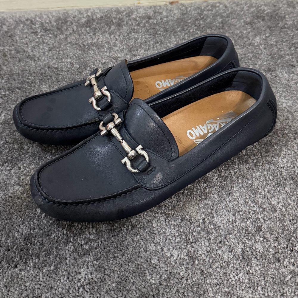 Ferragamo Navy Blue Leather Loafers